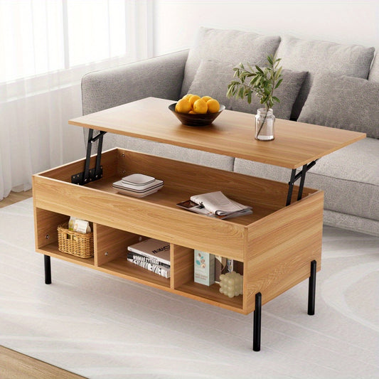 Nutshell lift-top coffee table with storage in light wood featuring black metal legs and open shelving
