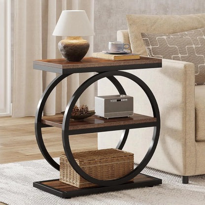 Nutshell narrow end table with storage featuring a modern design and circular base for stylish organization