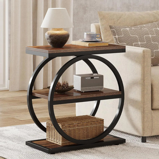 Nutshell narrow end table with storage featuring a modern design and circular base for stylish organization