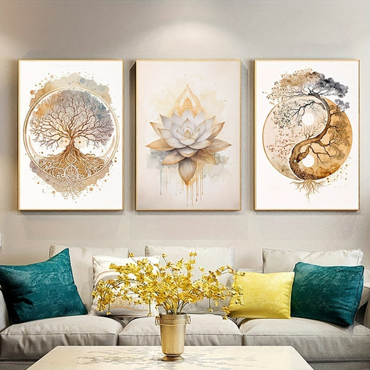 Set of three modern tree of life art prints featuring intricate designs in soft colors