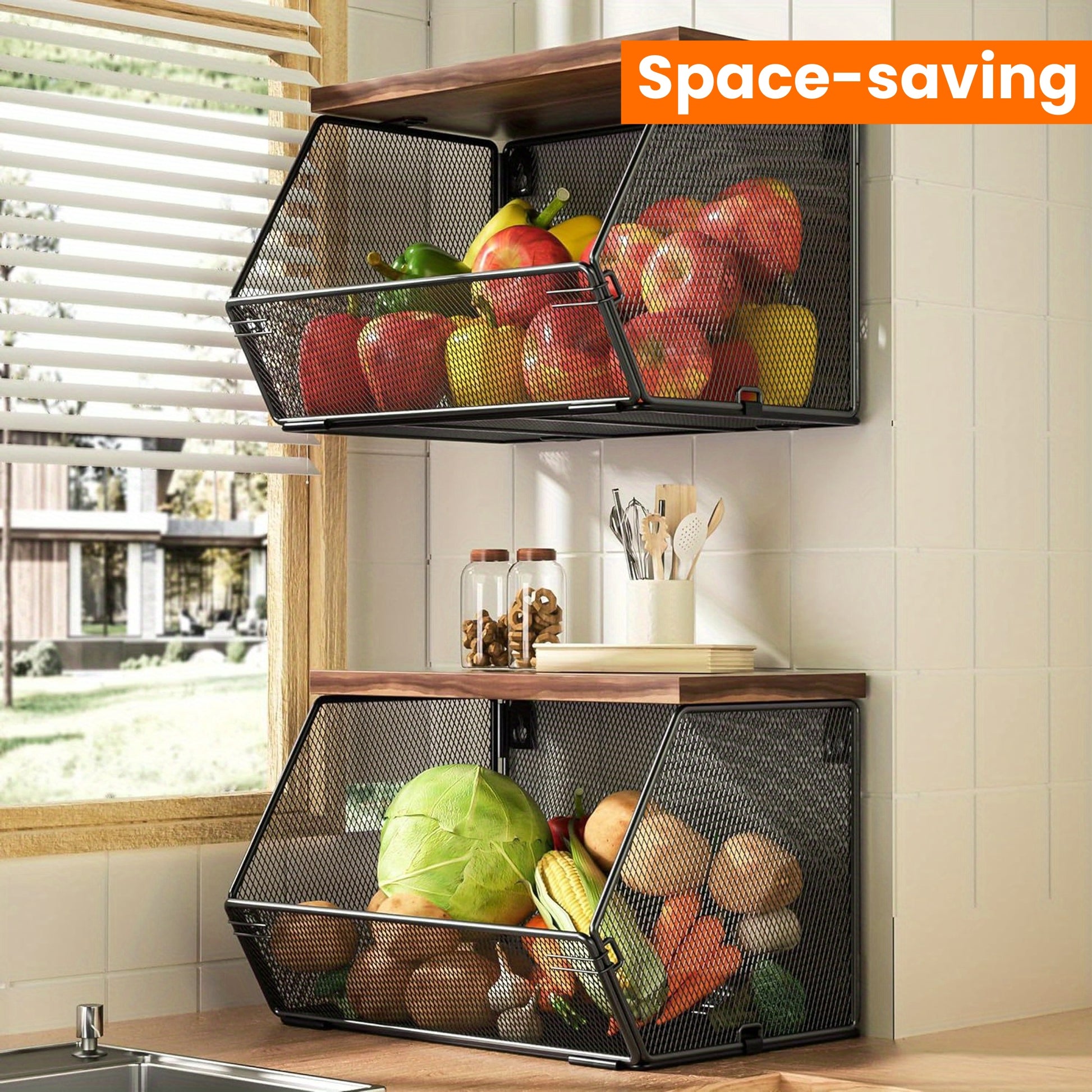 Nutshell modern wire mesh baskets with Wooden Lids for effective kitchen organization and space-saving storage