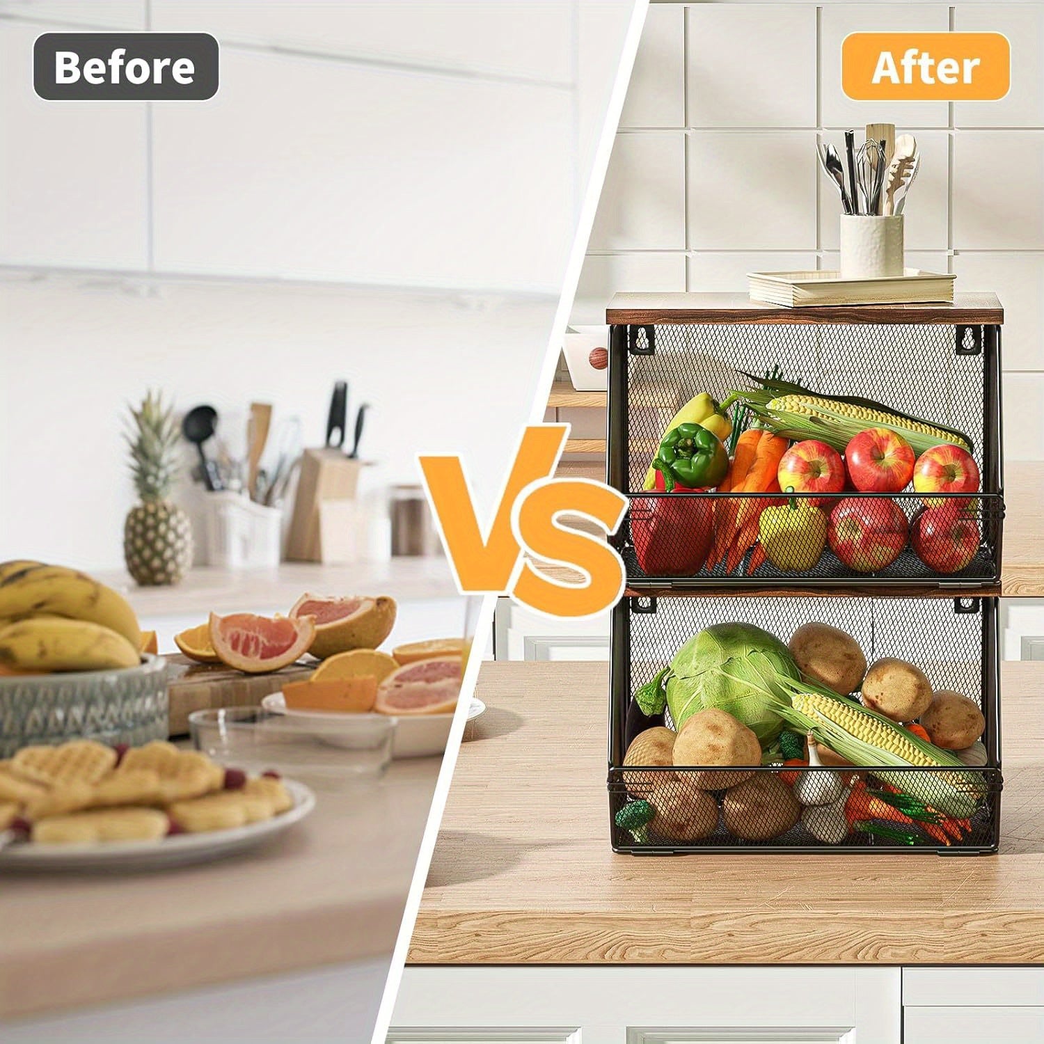 Before and after image of a kitchen organizer with modern wire mesh baskets with Wooden Lids filled with fruits and vegetables