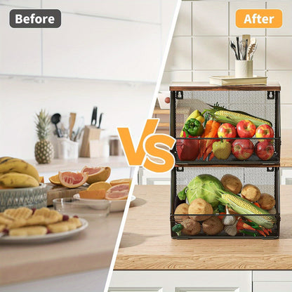Before and after image of a kitchen organizer with modern wire mesh baskets with Wooden Lids filled with fruits and vegetables