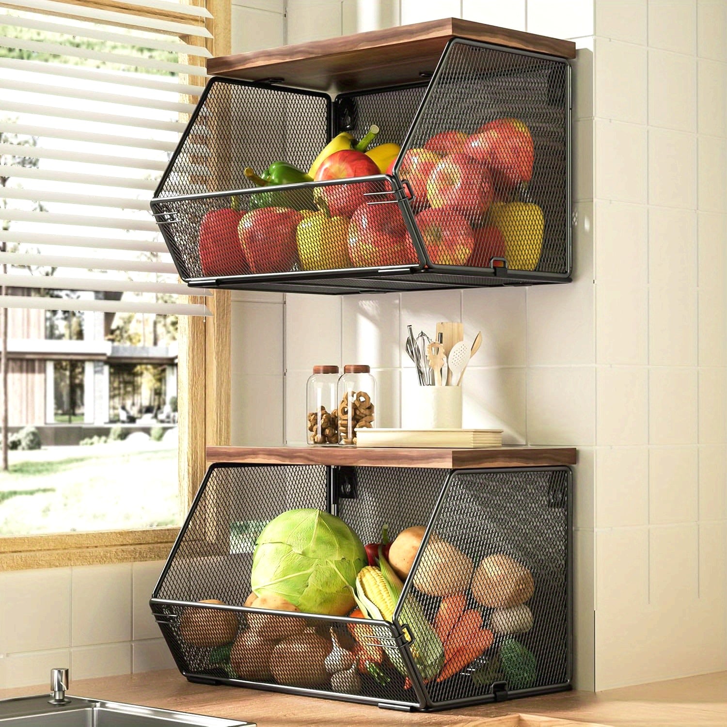 Nutshell modern wire mesh baskets with Wooden Lids for stylish kitchen organization