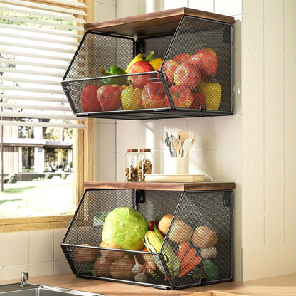 Nutshell modern wire mesh baskets with Wooden Lids for stylish kitchen organization