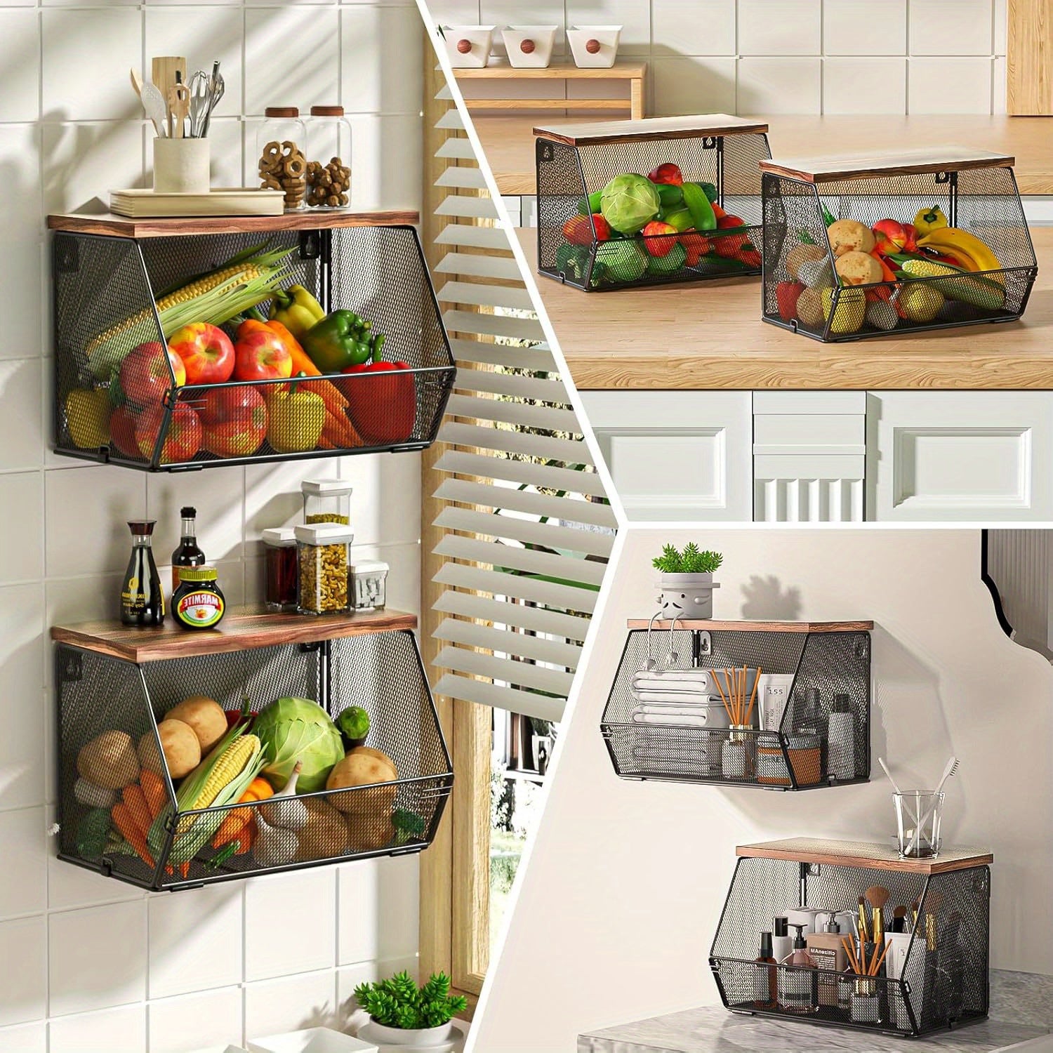 Nutshell modern wire mesh baskets with Wooden Lids for stylish kitchen organization and storage 