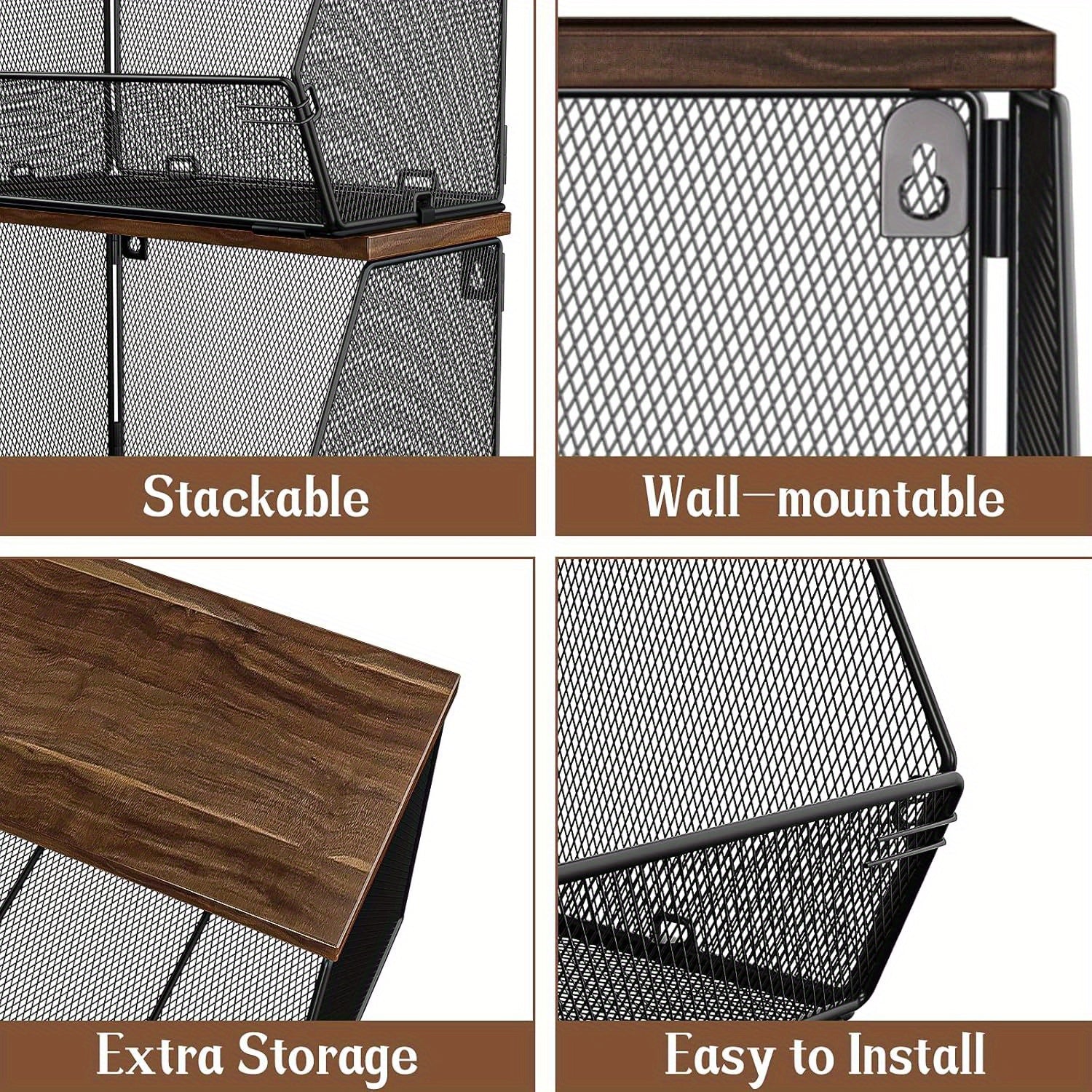 Nutshell modern wire mesh baskets with Wooden Lids showcasing stackable and wall-mountable features