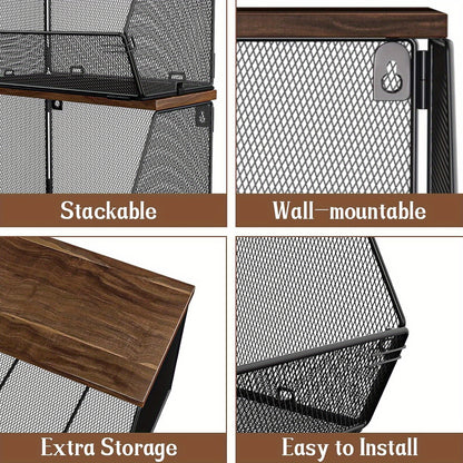 Nutshell modern wire mesh baskets with Wooden Lids showcasing stackable and wall-mountable features