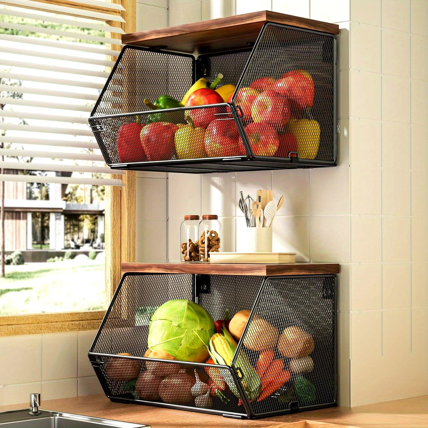 Nutshell modern wire mesh baskets with Wooden Lids for stylish kitchen organization and storage