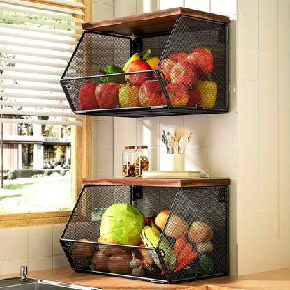 Nutshell modern wire mesh baskets with Wooden Lids for stylish kitchen organization and storage