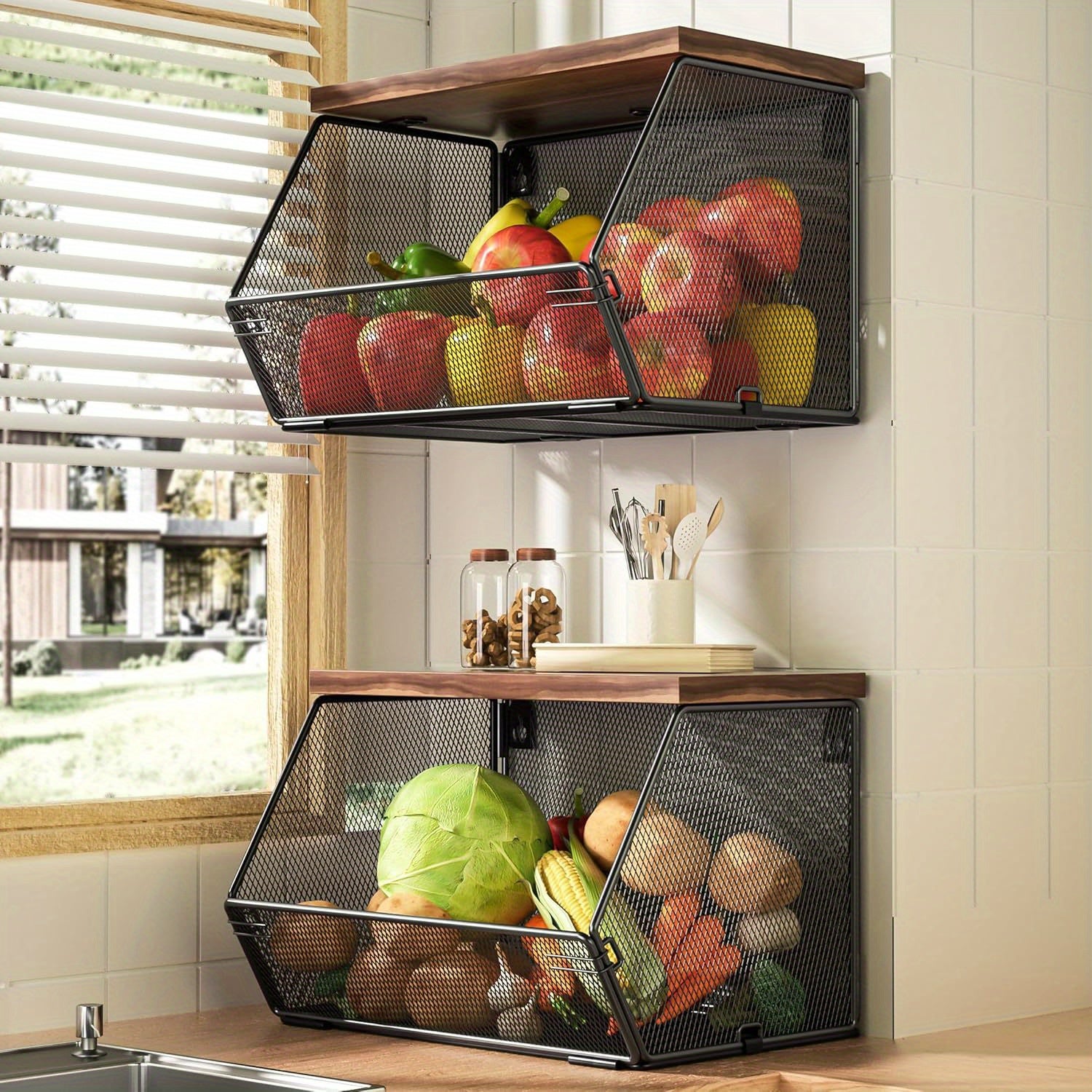 Nutshell modern wire mesh baskets with wooden lids for stylish kitchen organization.