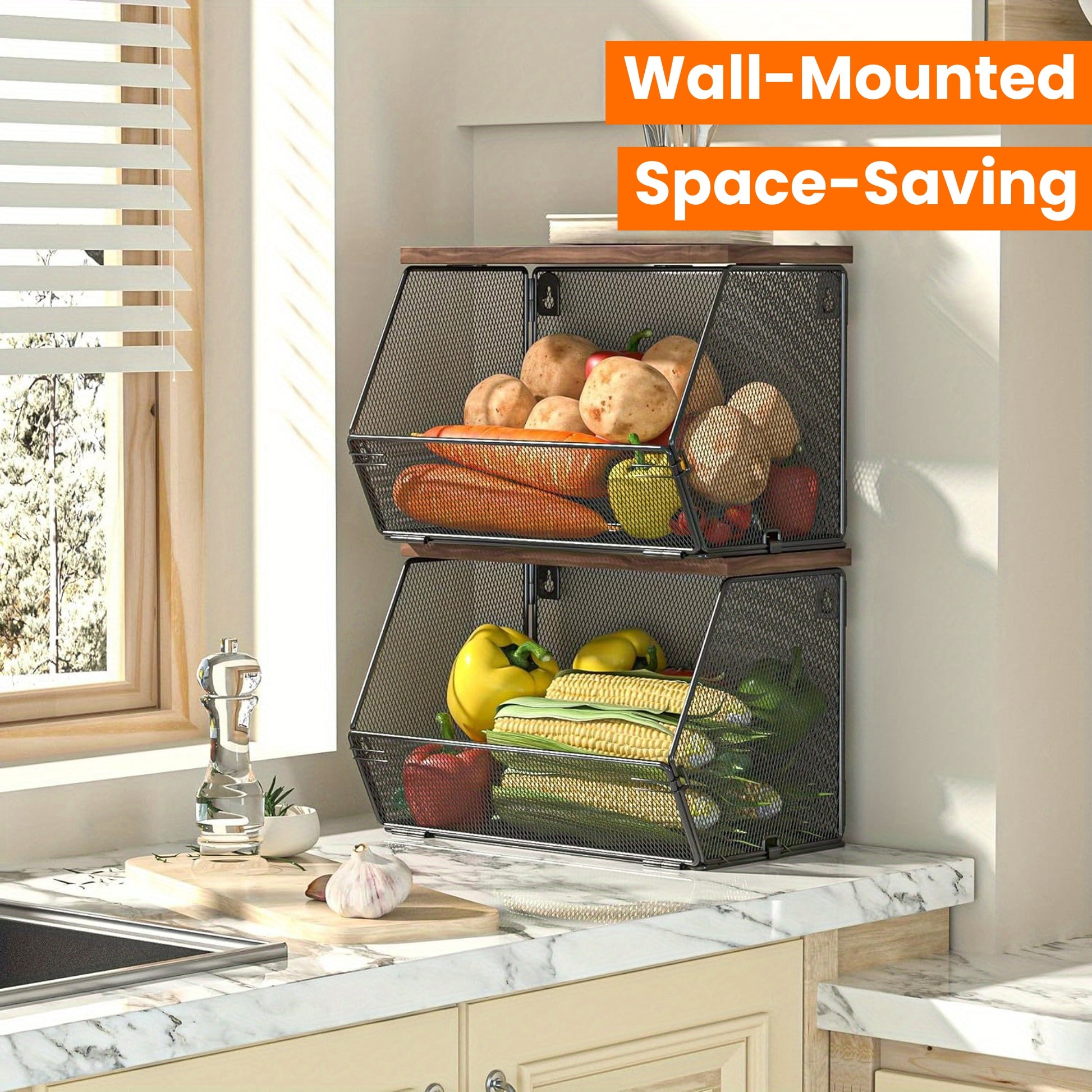 Nutshell modern wire mesh baskets with Wooden Lids in a kitchen for convenient storage of vegetables and fruits