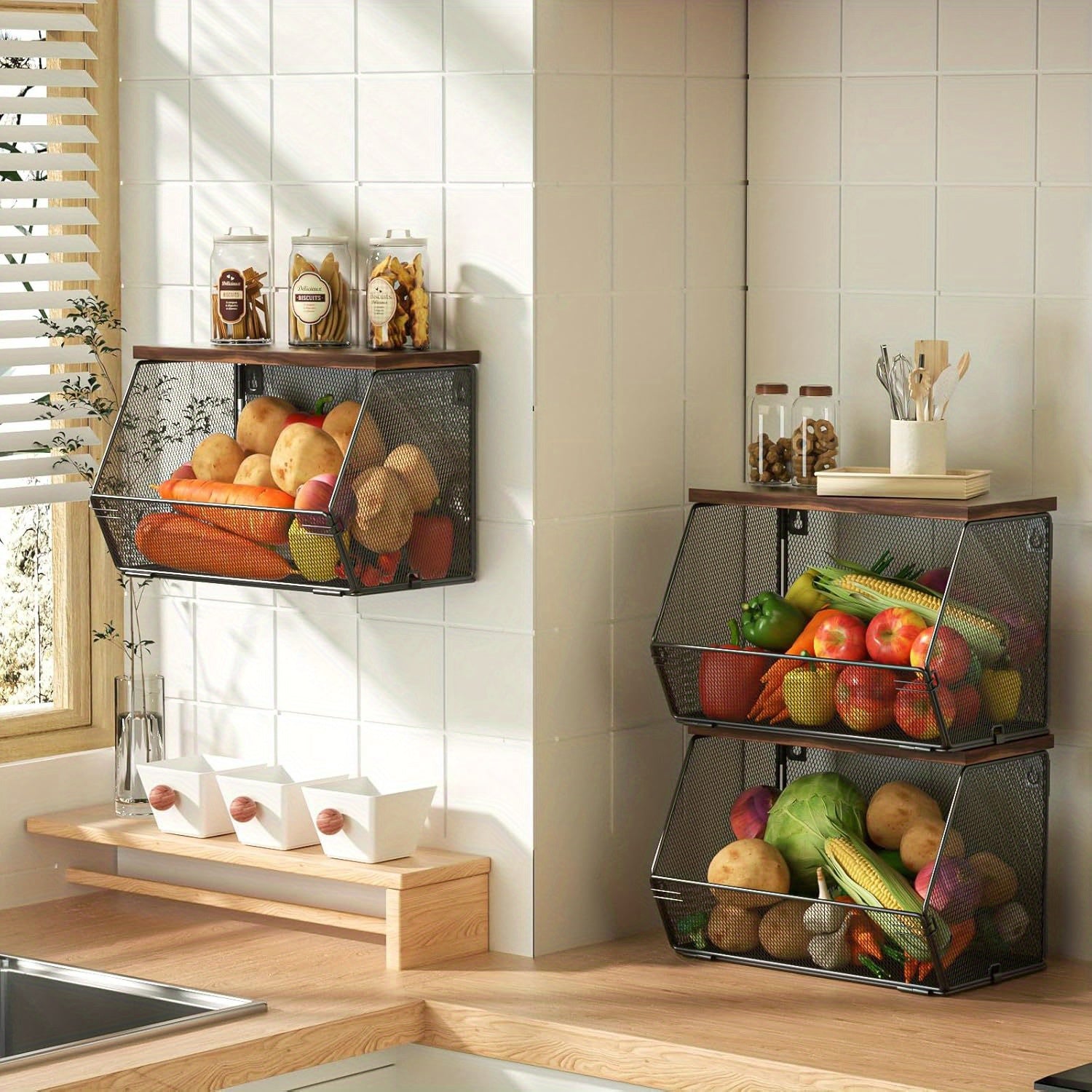 Nutshell modern wire mesh baskets with Wooden Lids displayed on a kitchen counter, elegantly organizing fruits and vegetables