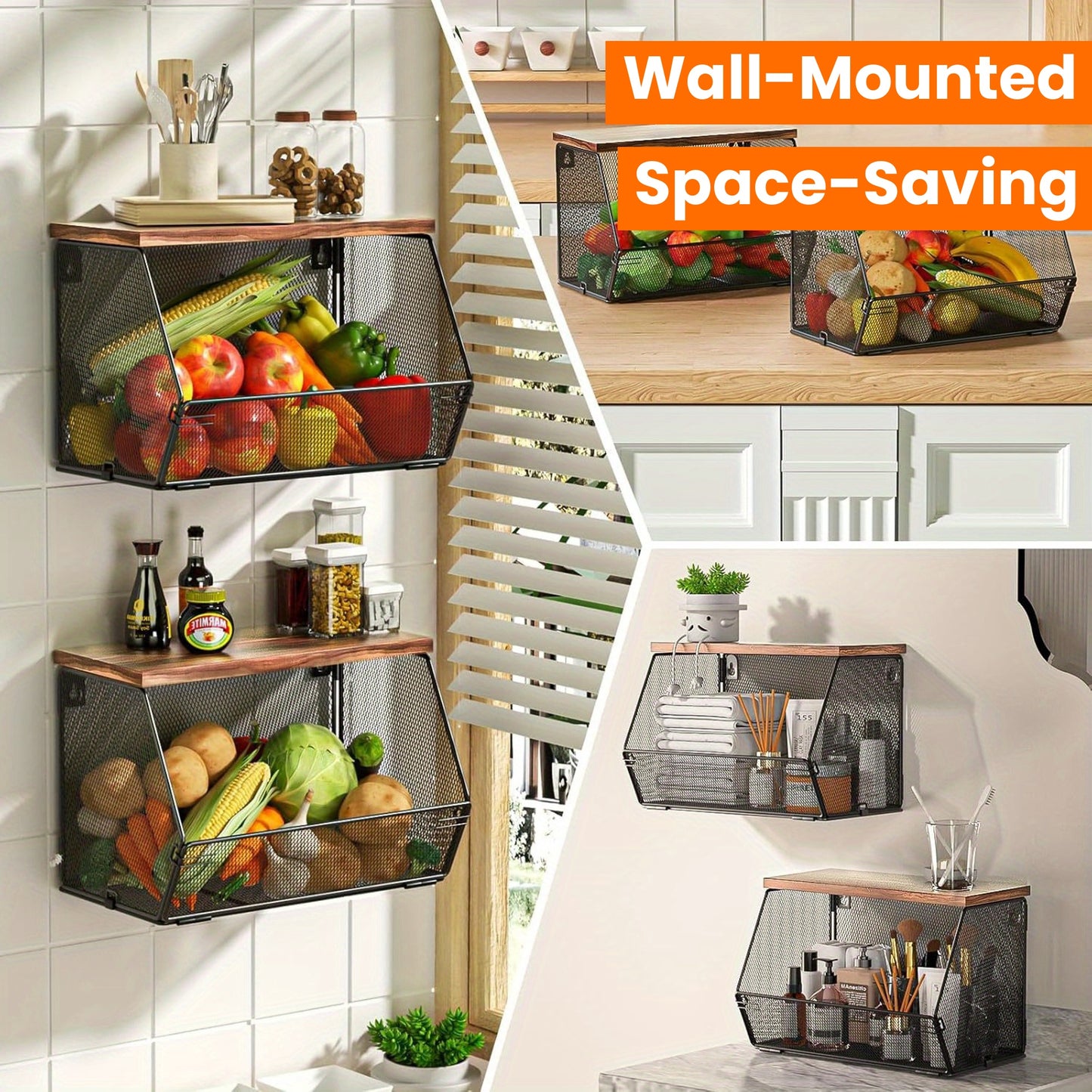 Nutshell modern wire mesh baskets with Wooden Lids, wall-mounted for space-saving kitchen organization