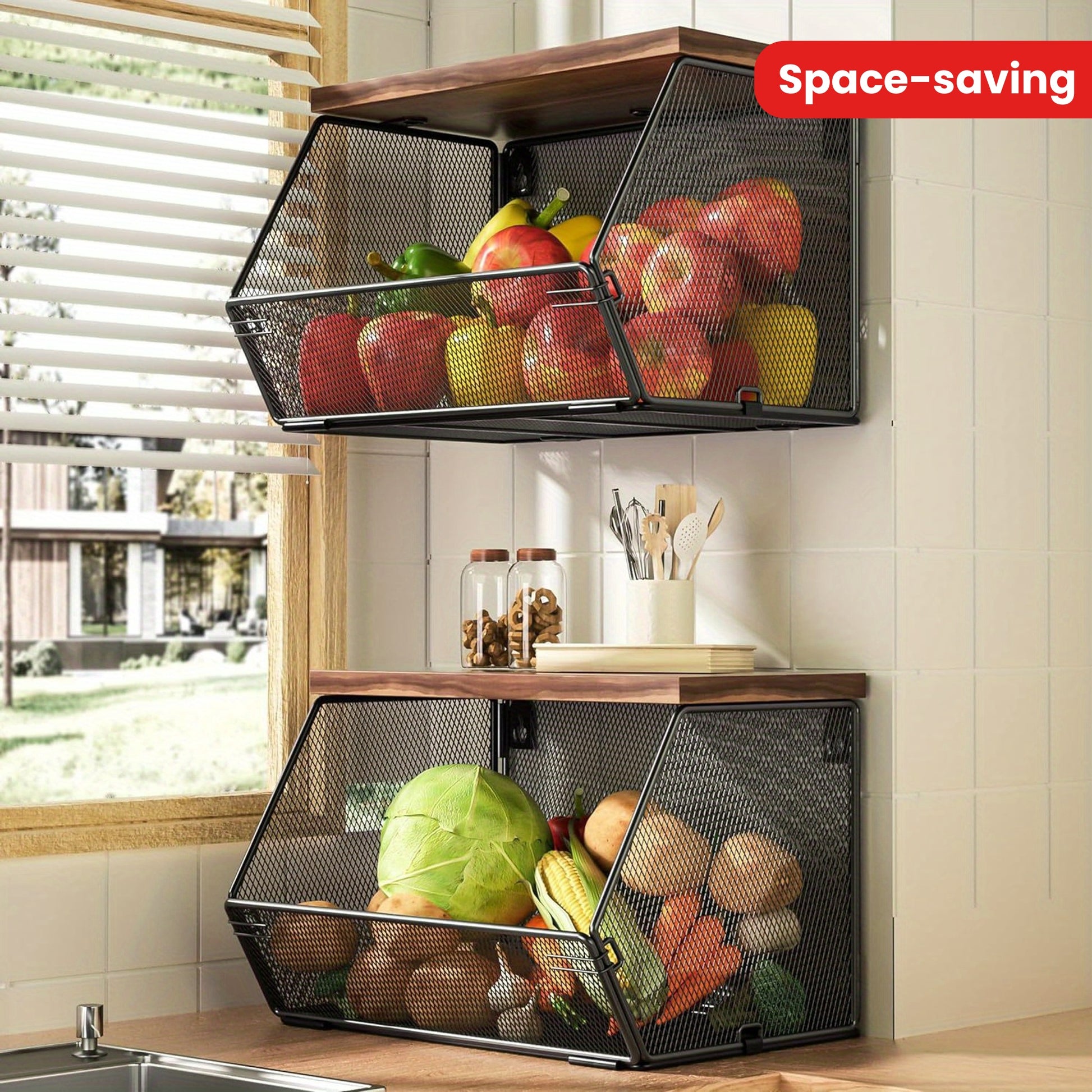 Nutshell modern wire mesh baskets with Wooden Lids for a stylish and space-saving kitchen organizer