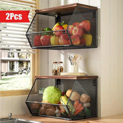 Set of 2 modern wire mesh baskets with Wooden Lids for stylish kitchen organization and fresh produce storage