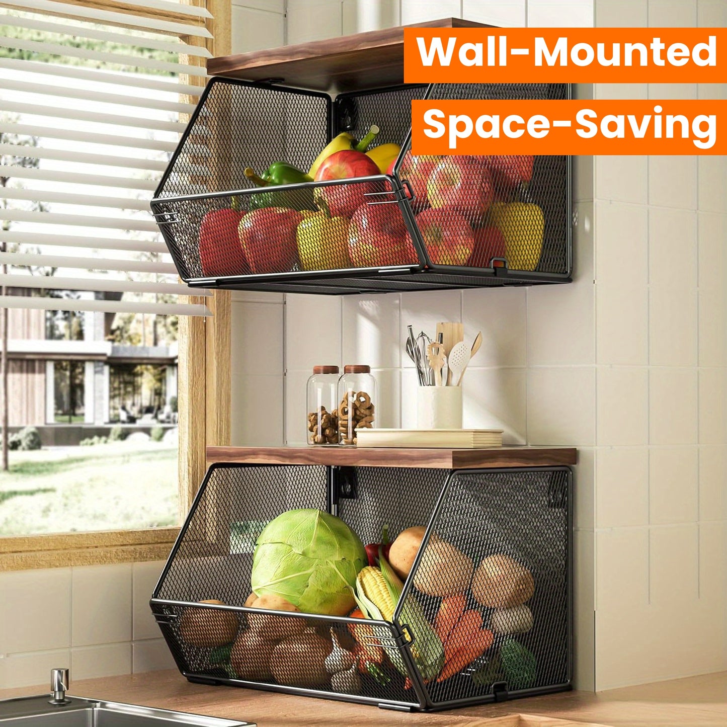 Modern wire mesh baskets with wooden lids for kitchen organization and space-saving storage