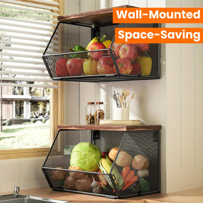 Modern wire mesh baskets with wooden lids for kitchen organization and space-saving storage