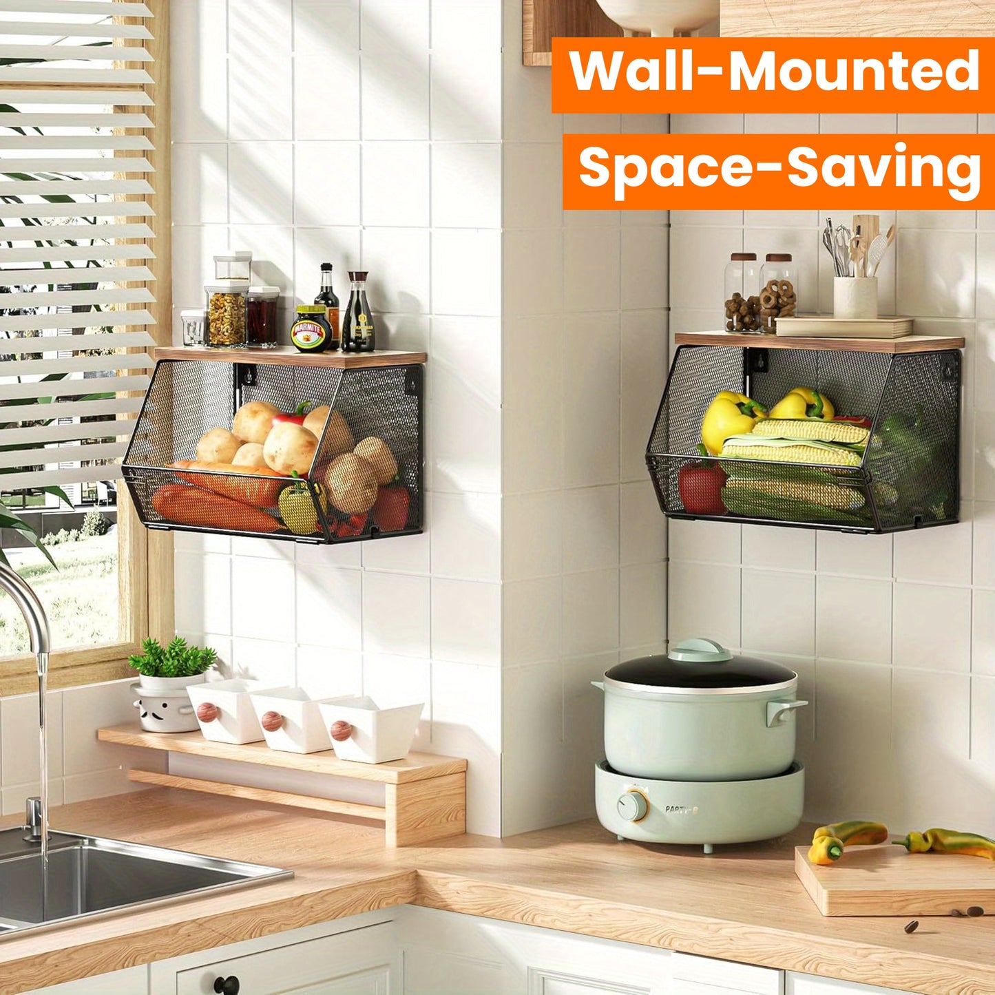 Modern wire mesh baskets with wooden lids, wall-mounted for efficient kitchen organization