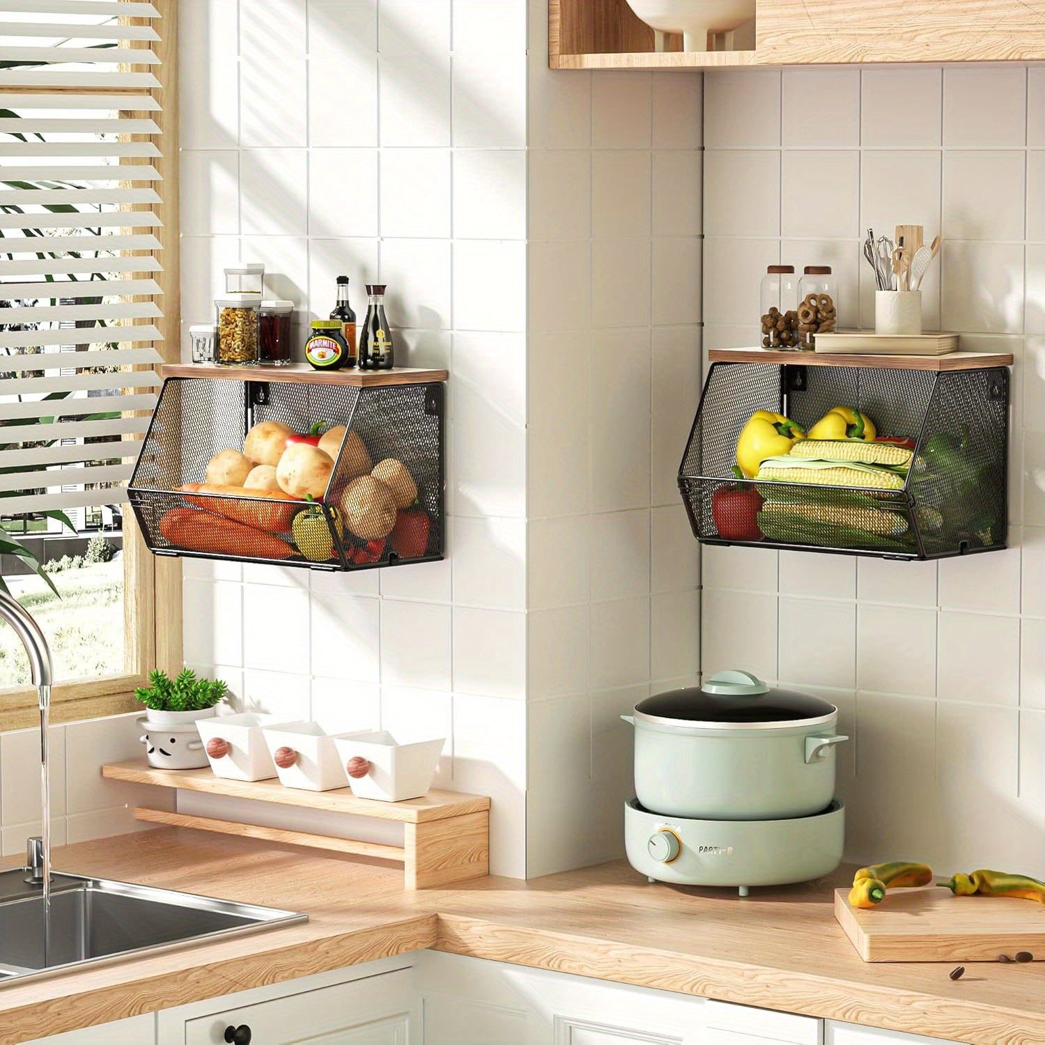 Modern wire mesh baskets with wooden lids for kitchen organization and storage in a stylish design