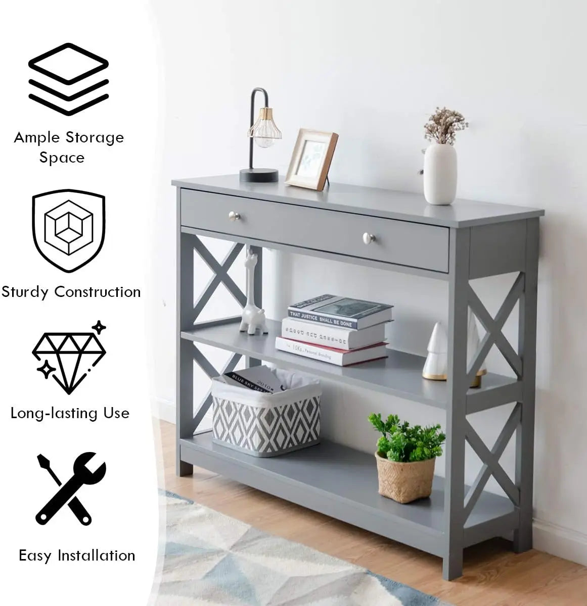 Contemporary 3-Tier Console Table . Nutshell gray wooden console with drawer two shelves and X side panels
