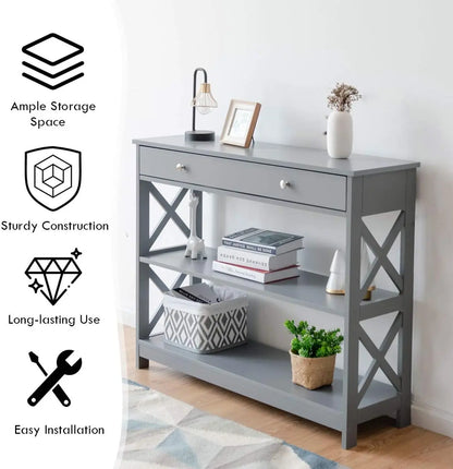 Contemporary 3-Tier Console Table . Nutshell gray wooden console with drawer two shelves and X side panels