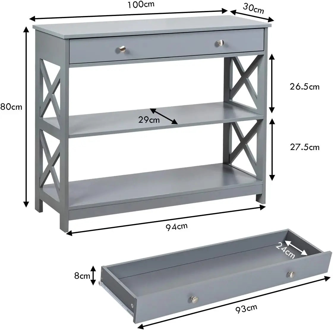 Nutshell Contemporary 3-Tier Console Table in gray with drawer and two lower shelves and X side supports