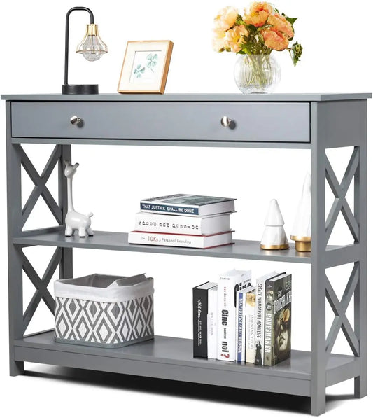 Nutshell Contemporary 3-Tier Console Table in gray with drawer two open shelves X side panels for entryway storage