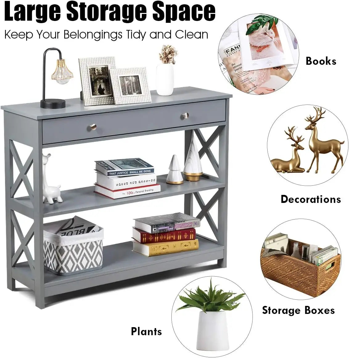 Nutshell Contemporary 3-Tier Console Table in gray with top drawer X side panels two open shelves styled with decor