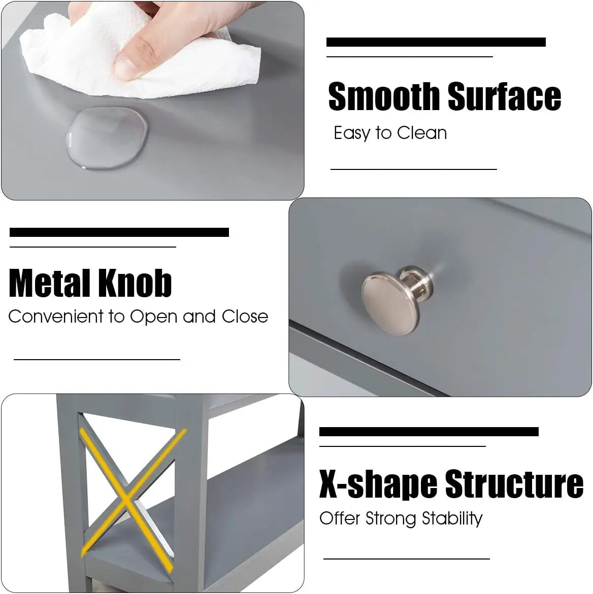 Nutshell Contemporary 3-Tier Console Table gray with smooth easy to clean surface metal knob and X shape structure