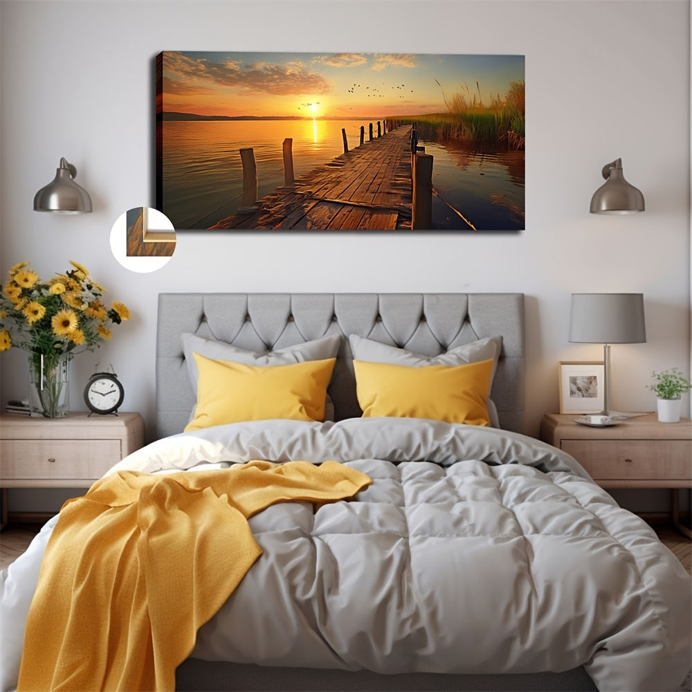 Nutshell moonlit lakeside art piece depicting a sunset over a tranquil wooden dock