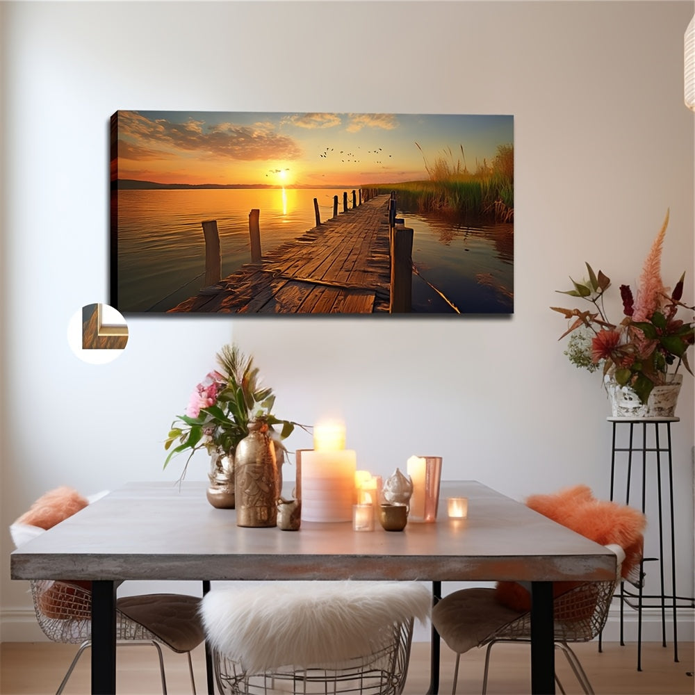 Beautiful moonlit lakeside art piece featuring a serene sunset over a wooden dock