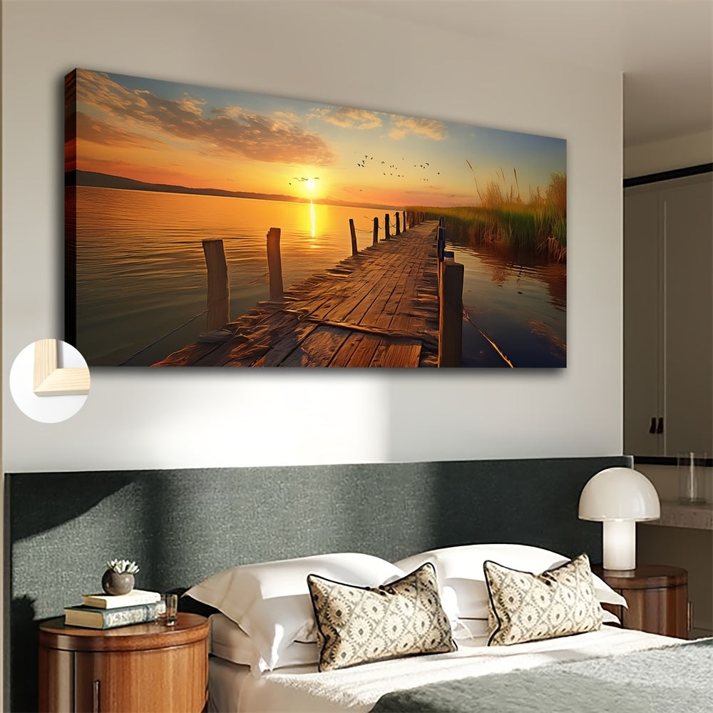 Beautiful moonlit lakeside art piece featuring a sunset over a serene dock and calm water