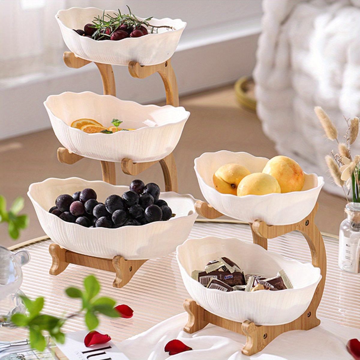 Multi-layer fruit tray set - drop resistant with elegant design and wooden stand, perfect for serving fresh fruits