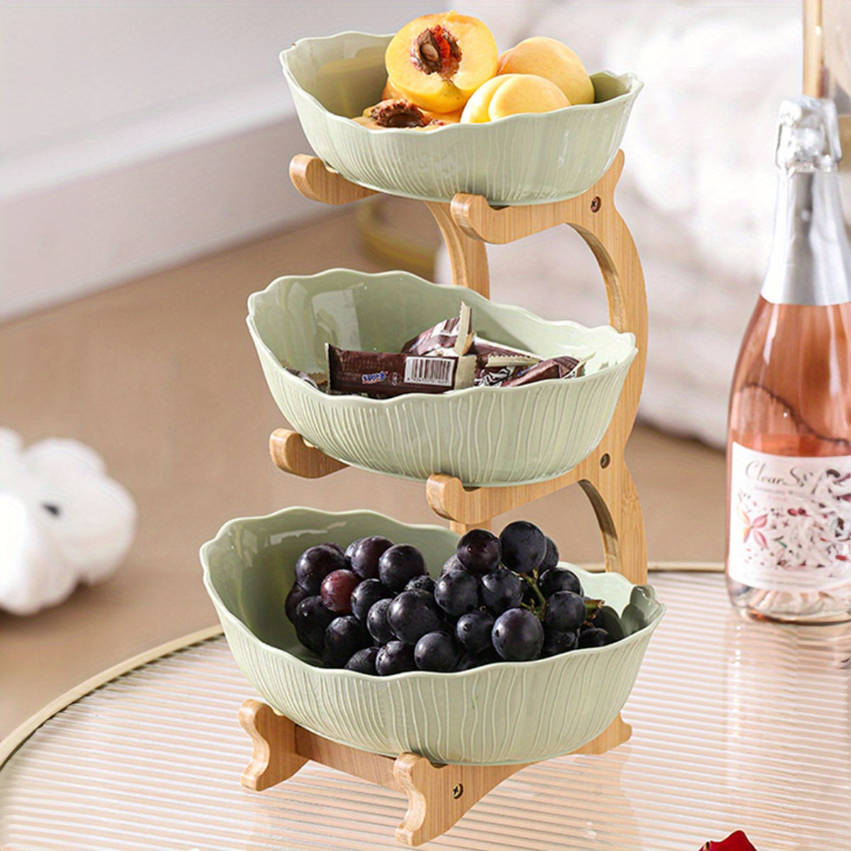 Green multi-layer fruit tray set - drop resistant featuring three bowls for fruits and snacks