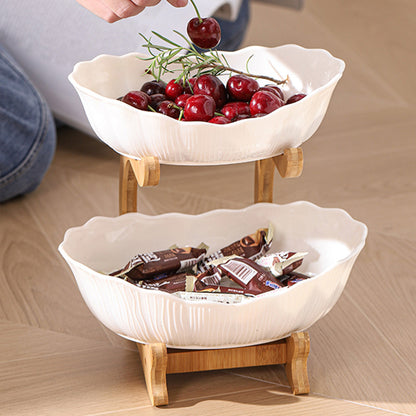 Nutshell multi-layer fruit tray set - drop resistant with white ceramic bowls and wooden stand displaying fruits and snacks
