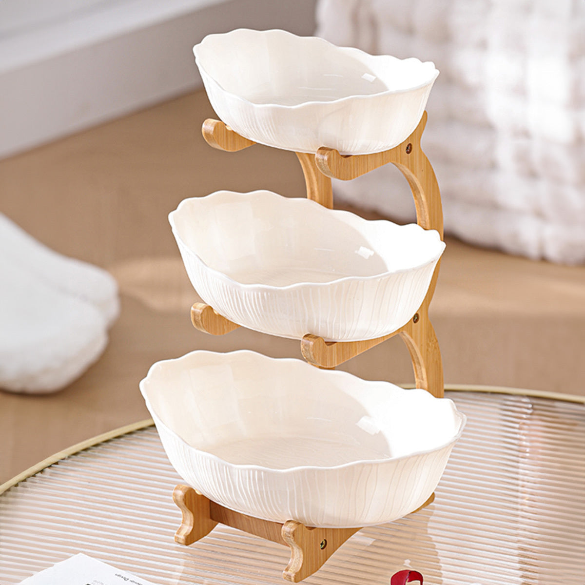 Nutshell multi-layer fruit tray set - drop resistant with three elegant bowls on a wooden stand