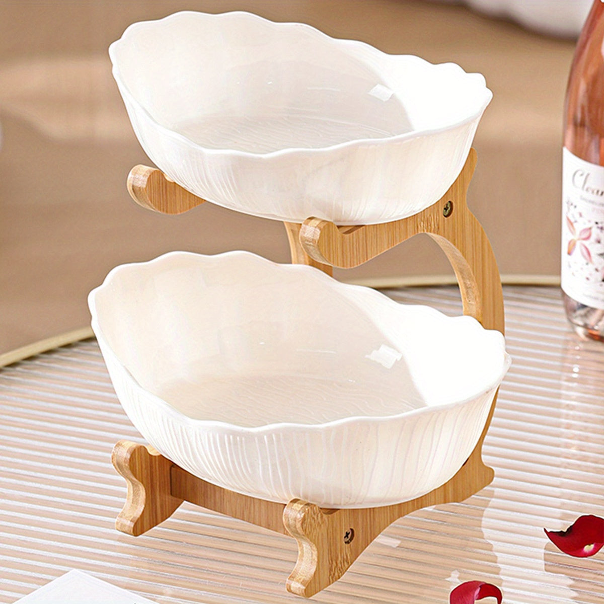 Nutshell multi-layer fruit tray set - drop resistant with elegant white bowls on a wooden stand