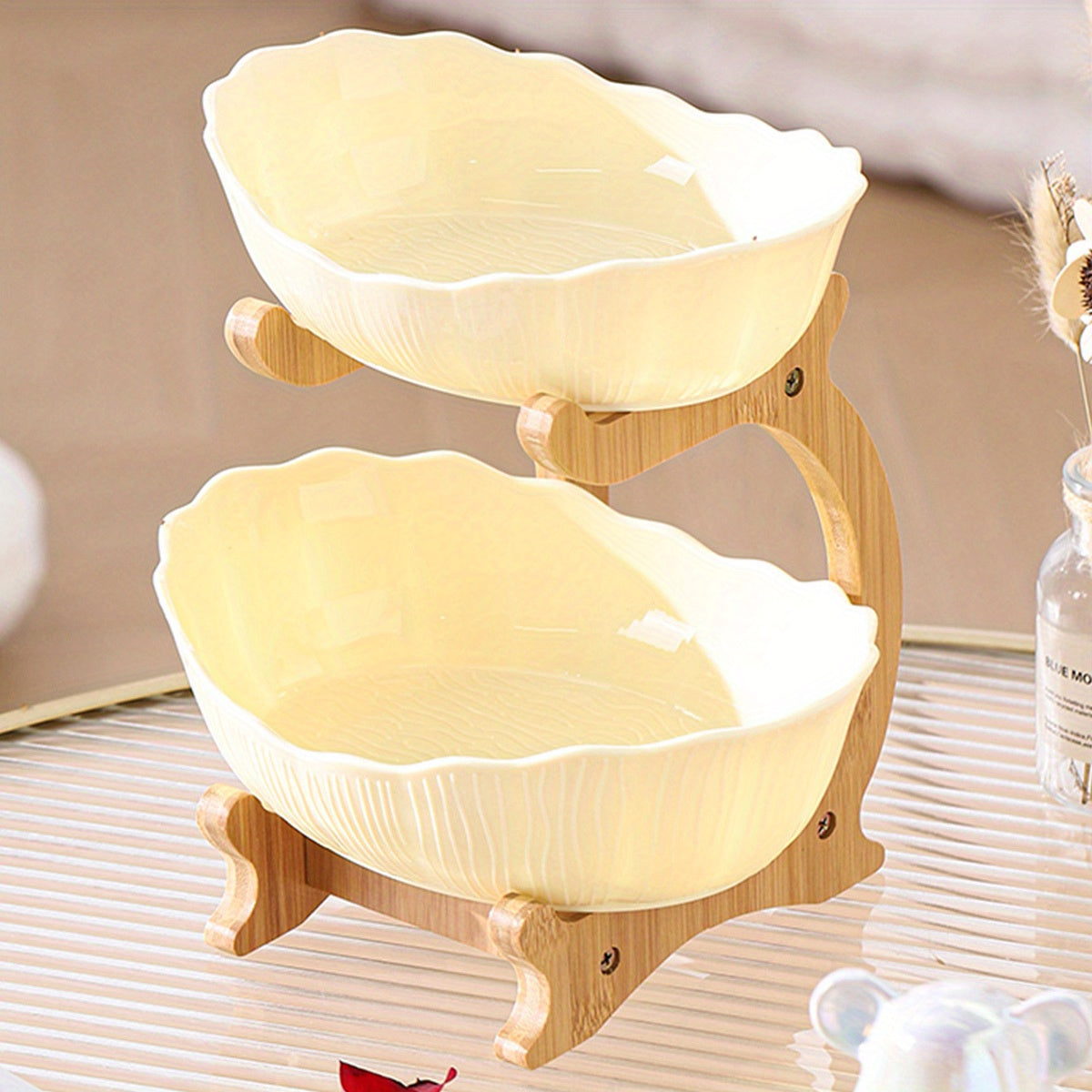 Nutshell multi-layer fruit tray set - drop resistant with a stylish bamboo stand and elegant yellow bowls