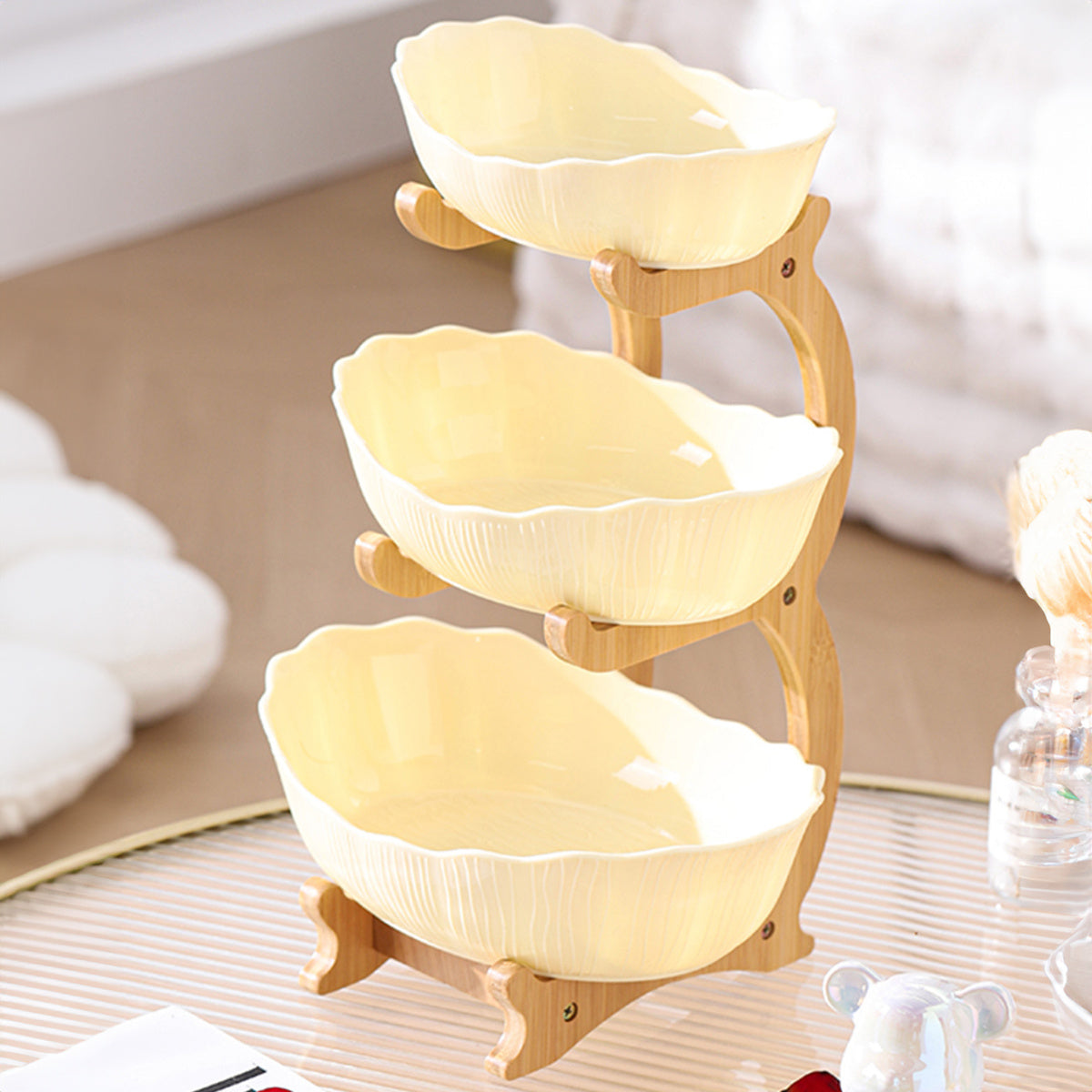 Nutshell multi-layer fruit tray set - drop resistant with three elegant yellow bowls on a stylish stand