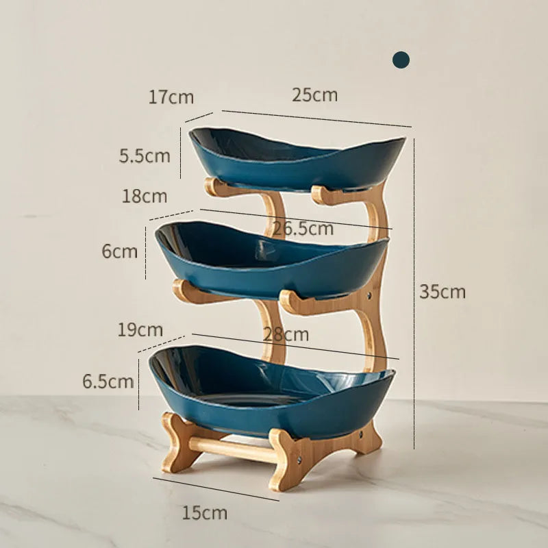 Nutshell Multi-Tier Serving Stand fruit bowl with three blue ceramic tiers and wooden frame