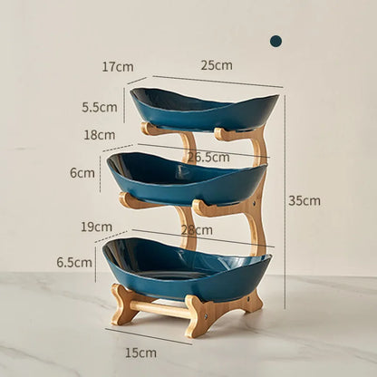 Nutshell Multi-Tier Serving Stand fruit bowl with three blue ceramic tiers and wooden frame