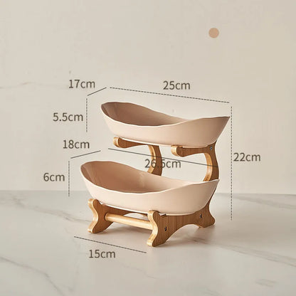 Nutshell Multi-Tier Serving Stand fruit bowl with wooden frame and ceramic bowls, dimensions shown