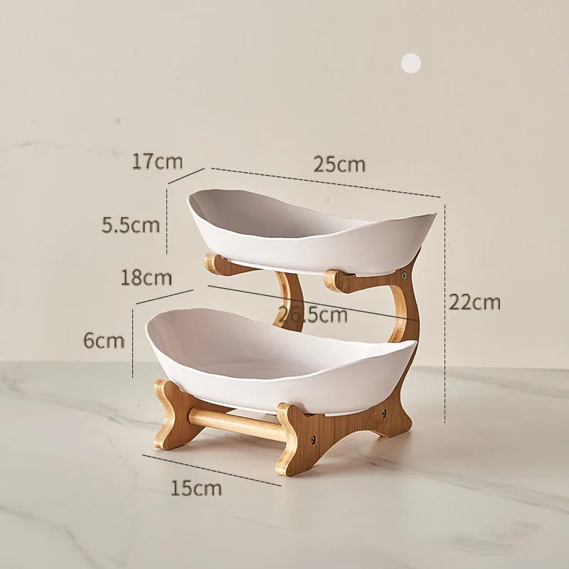 Nutshell fruit bowl multi-tier serving stand with wooden frame and white ceramic bowls