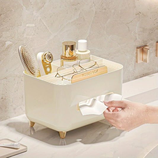 Nutshell multifunctional desk organizer with tissue box holding cosmetics, brush, and glasses on bathroom countertop