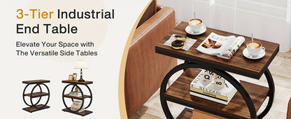 Narrow End Table With 3 Storage Shelves in Industrial Style for Versatile Home Decor