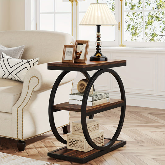 Narrow End Table With 3 Storage Shelves in modern design featuring circular base and wood top