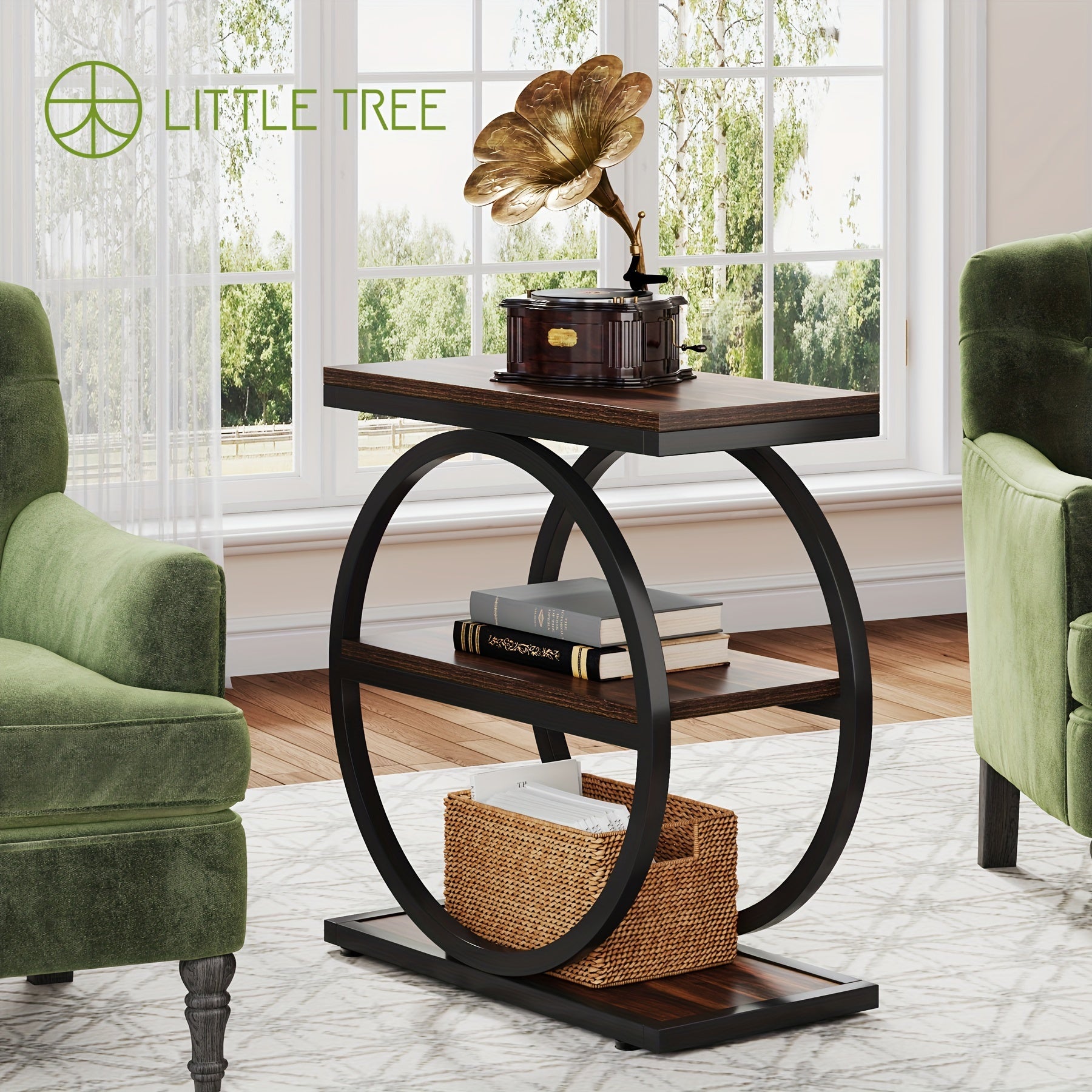 Narrow End Table With 3 Storage Shelves featuring a stylish round base and rustic top for living spaces