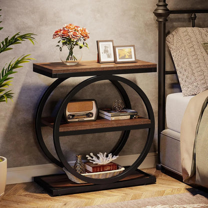 Nutshell narrow end table with storage featuring circular design and two shelves for decor and essentials