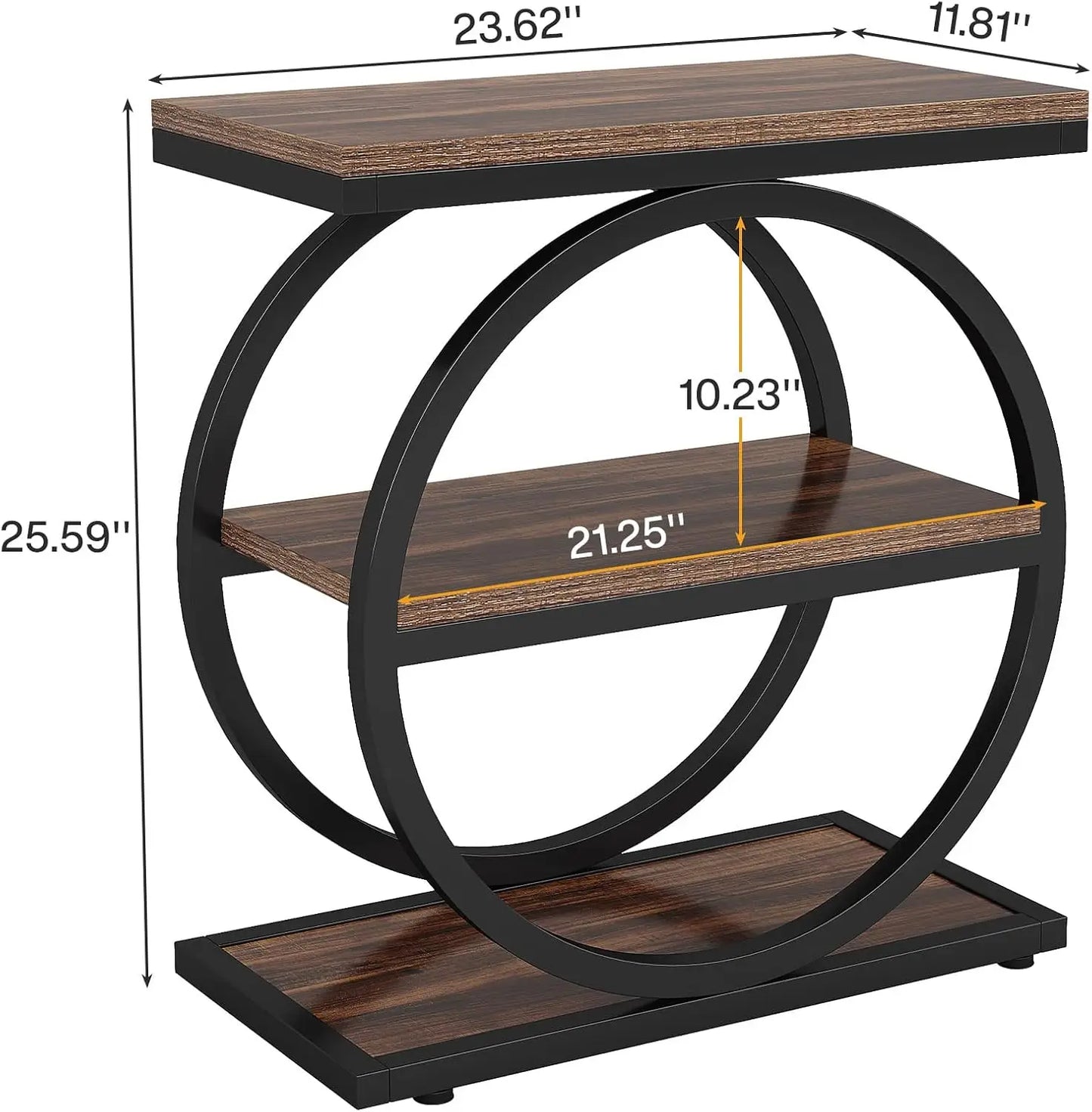 Nutshell narrow end table with storage featuring a modern circular design and multiple shelves